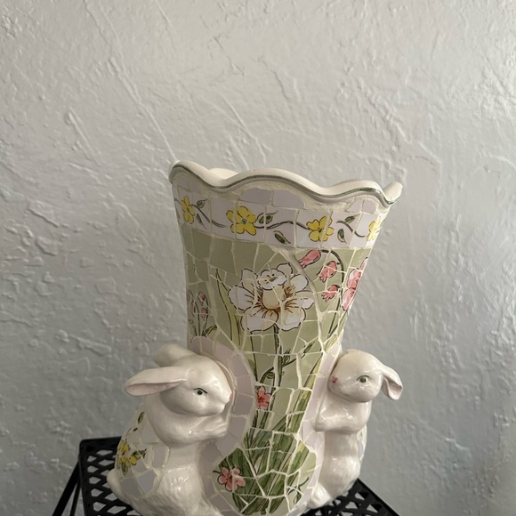 Vintage broken china mosaics Rabbits Floral vase - Picture 12 of 15